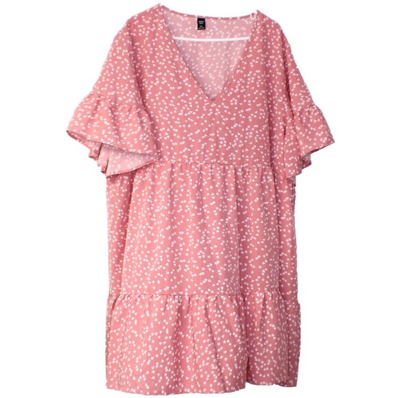 Shein Curve Pink Dress 4XL Allover White Heart Smock Tier Ruffle V-Neck Pullover - Picture 1 of 7
